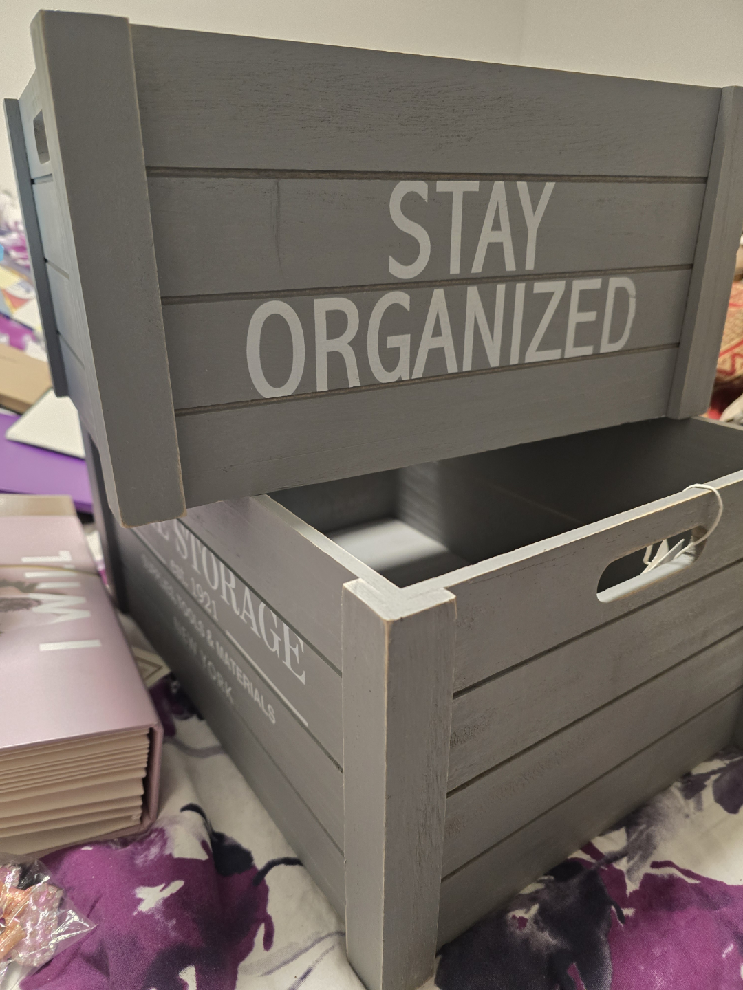 Set of Two Grey Wooden Storage Boxes