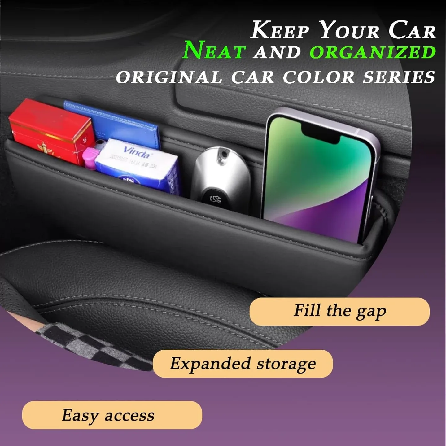 Black Leather Car Seat Gap Filler Organizer, a set of 2 image indicator(4)
