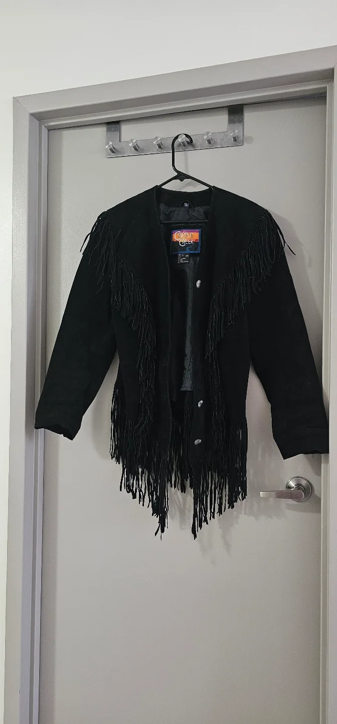 Cripple Creek Black Suede Fringe Jacket Size L thumbnail