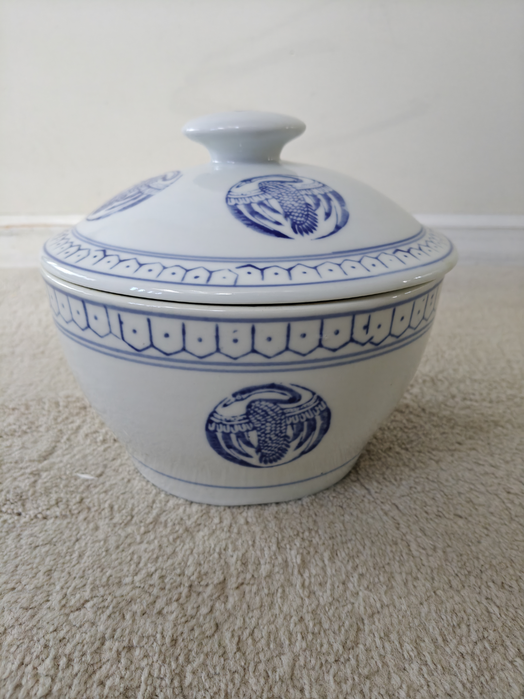 Vintage Blue and White Porcelain Bowl with Lid