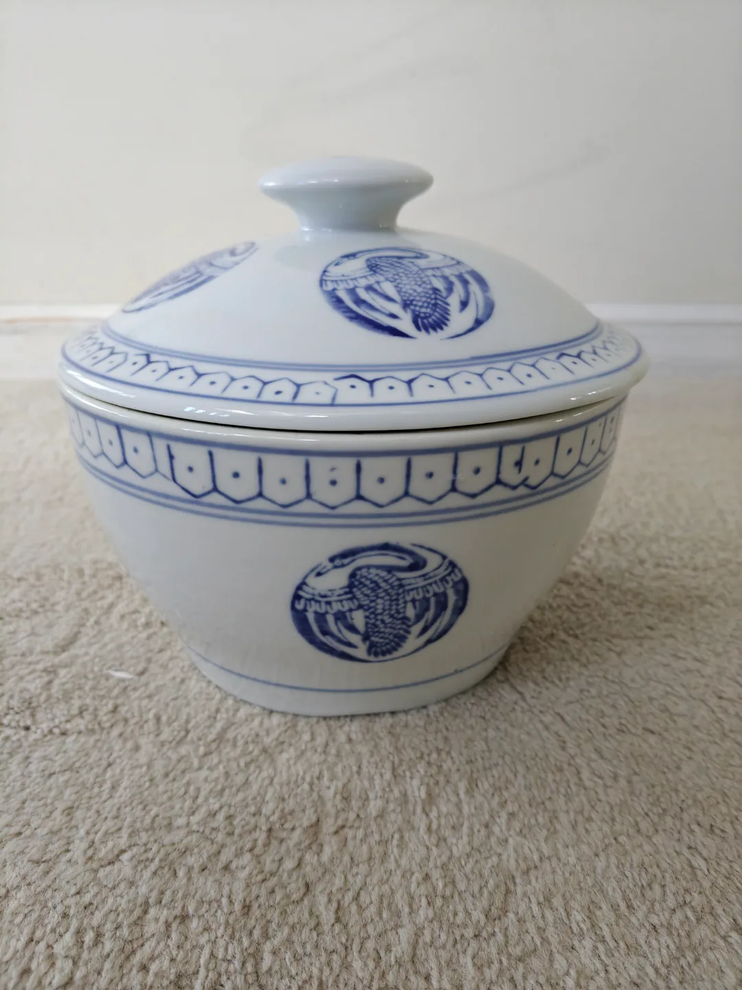 Vintage Blue and White Porcelain Bowl with Lid thumbnail