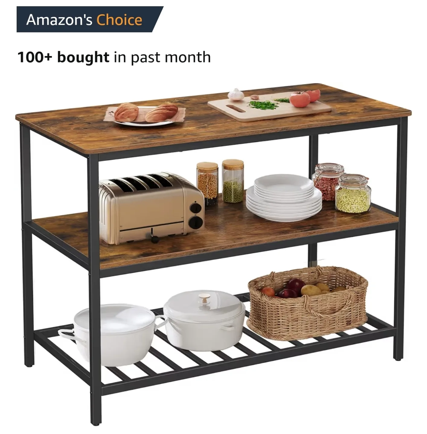 VASAGLE Kitchen Island - Rustic Brown and Black - 3-Tier Storage image indicator(3)