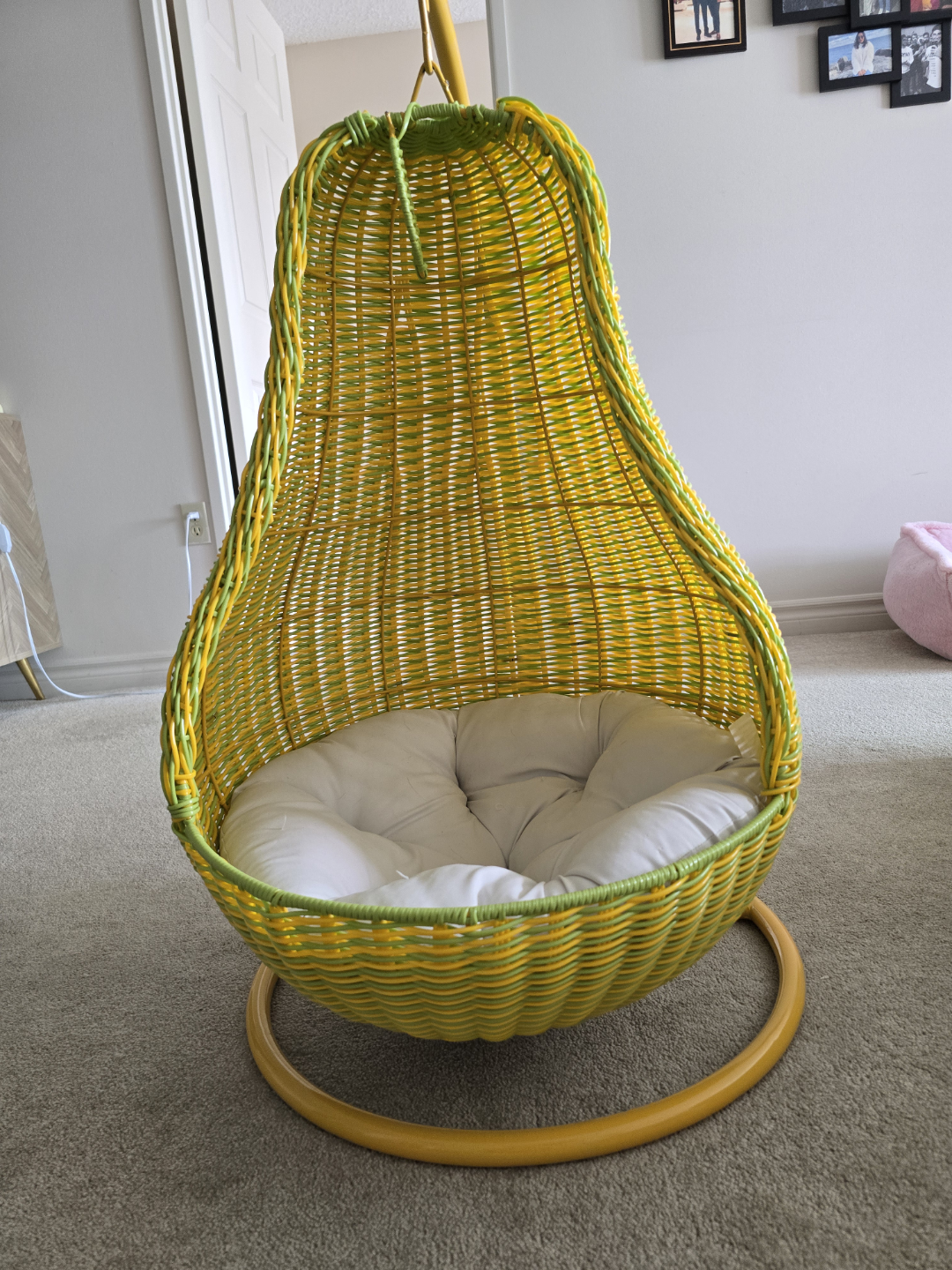 Yellow Wicker Pear-Shaped Cat Egg Chair - With Cushion