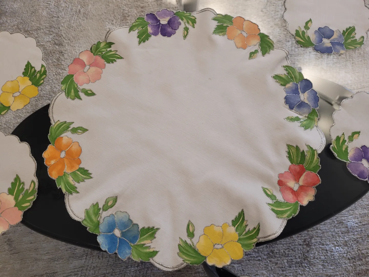 Vintage HAND MADE PAINTED Floral tray mat  with Coasters image indicator(2)