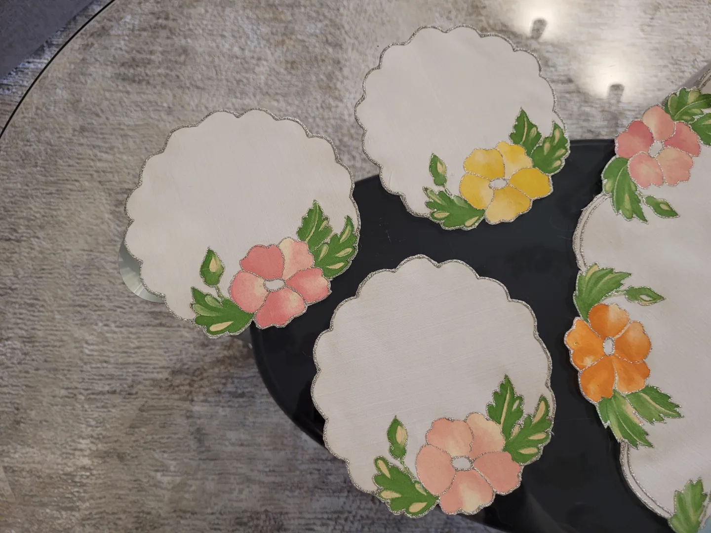 Vintage HAND MADE PAINTED Floral tray mat  with Coasters image indicator(4)