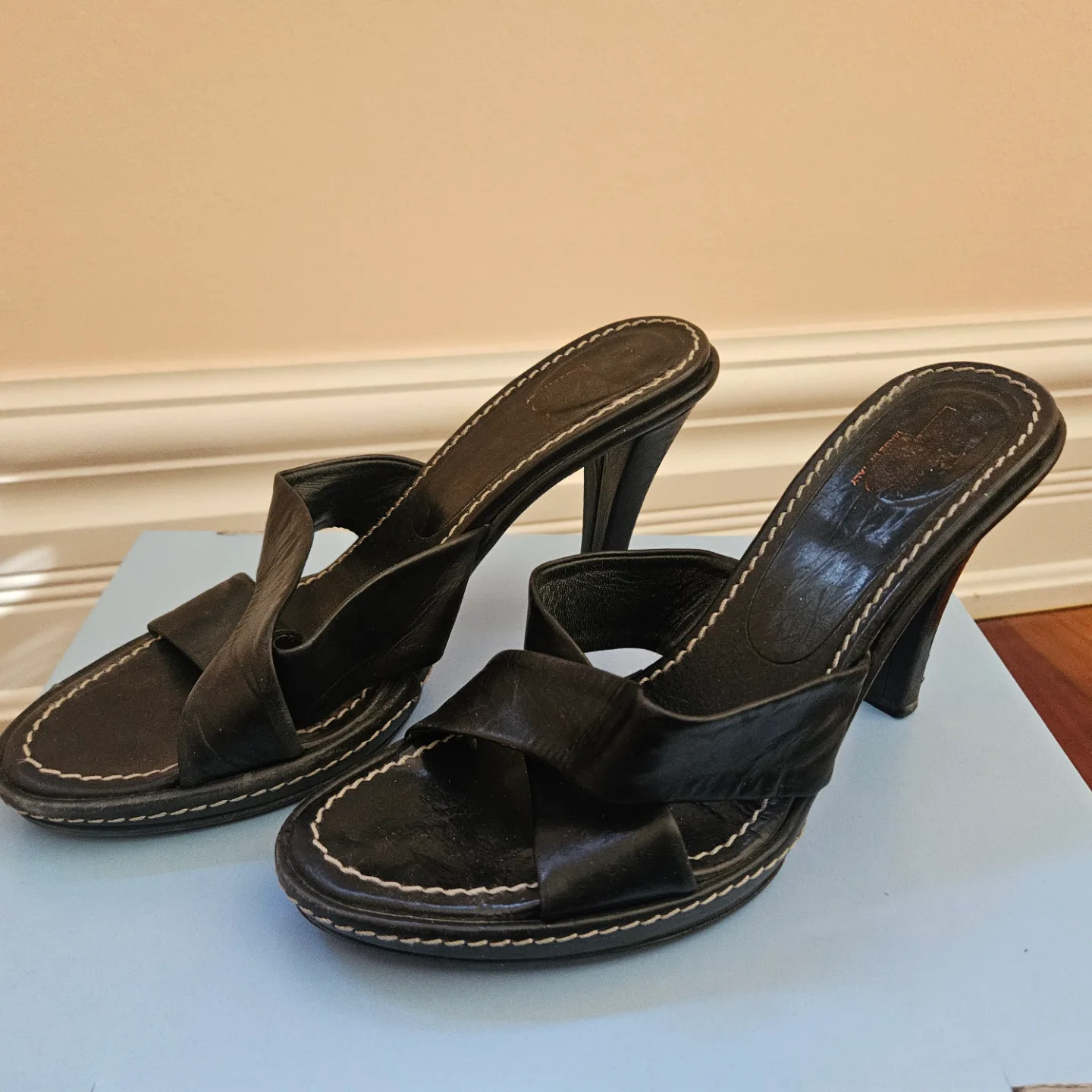 Black Leather High Heel Sandals thumbnail