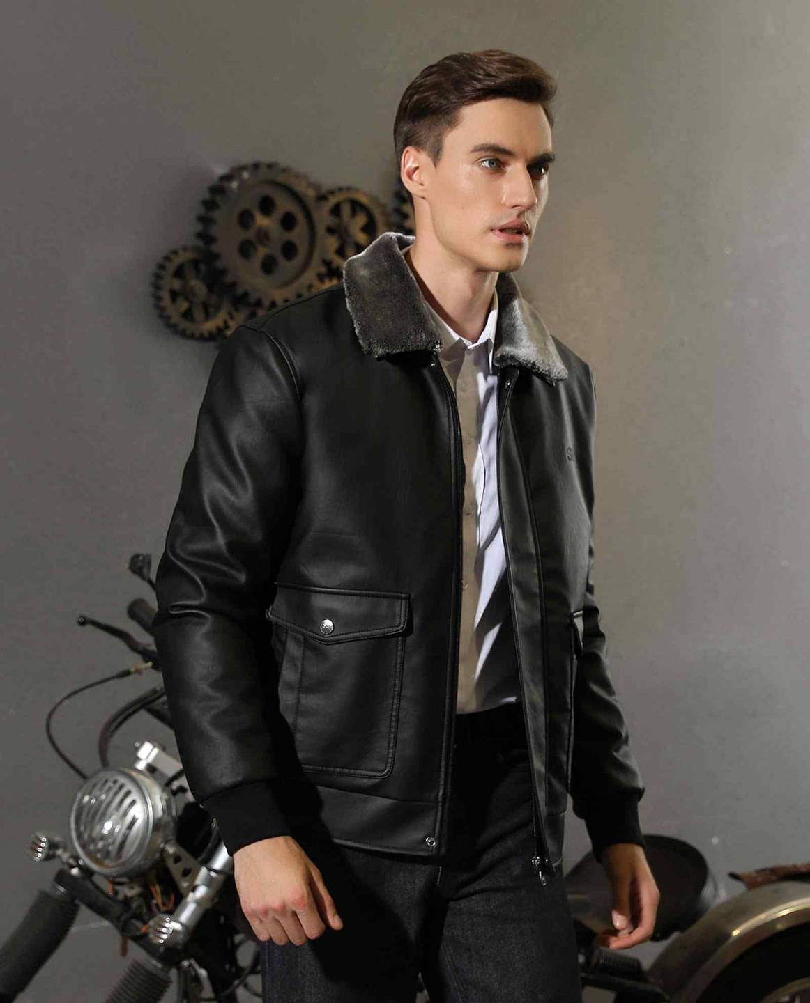 Men's Black Faux Leather Jacket with Grey Fur Collar - photo 2