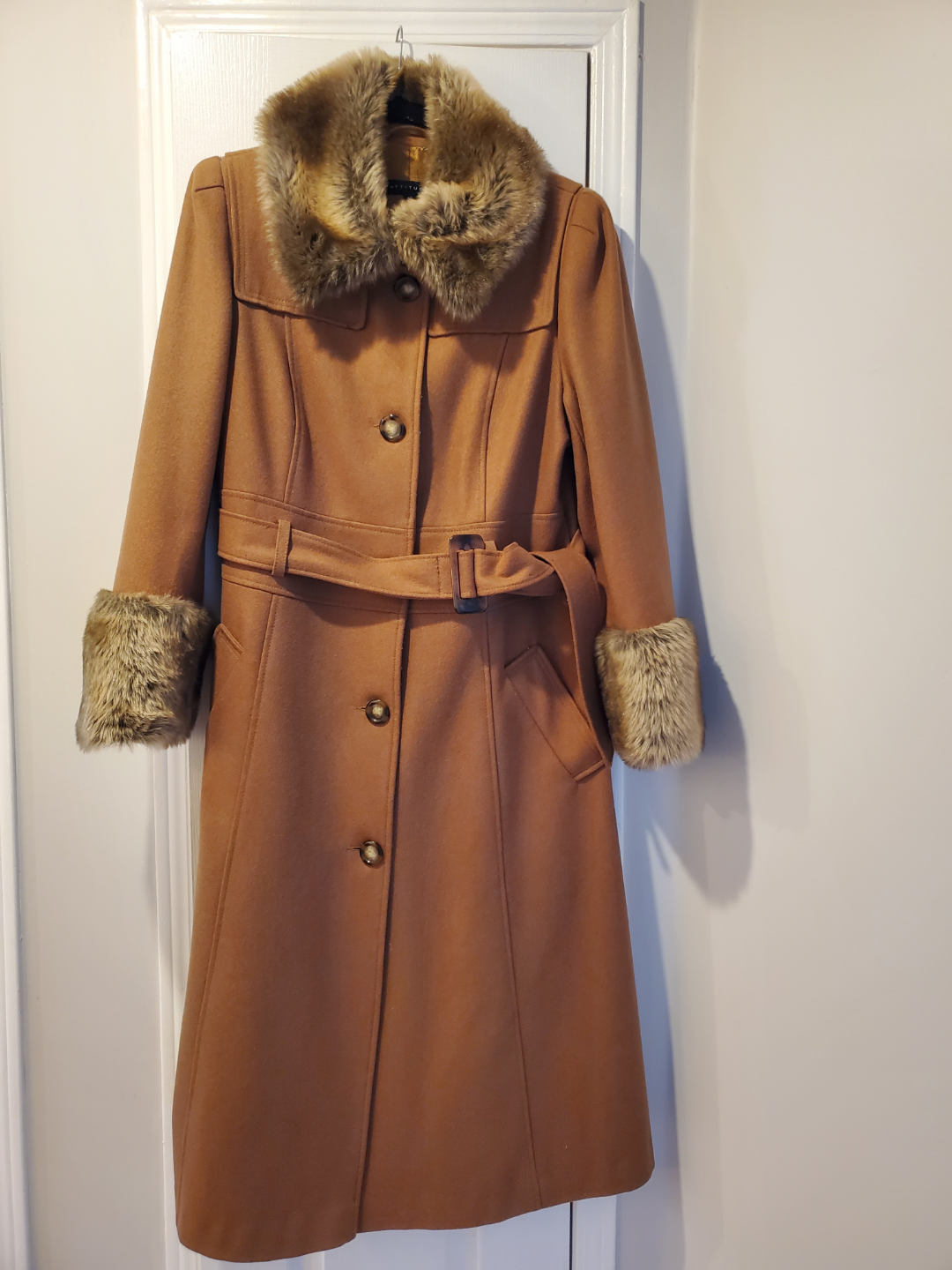 Classic long coat with faux fur trim