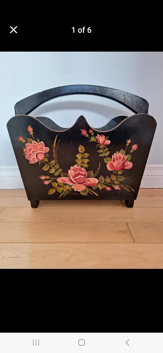 Vintage hand-painted signed wooden magazine rack thumbnail