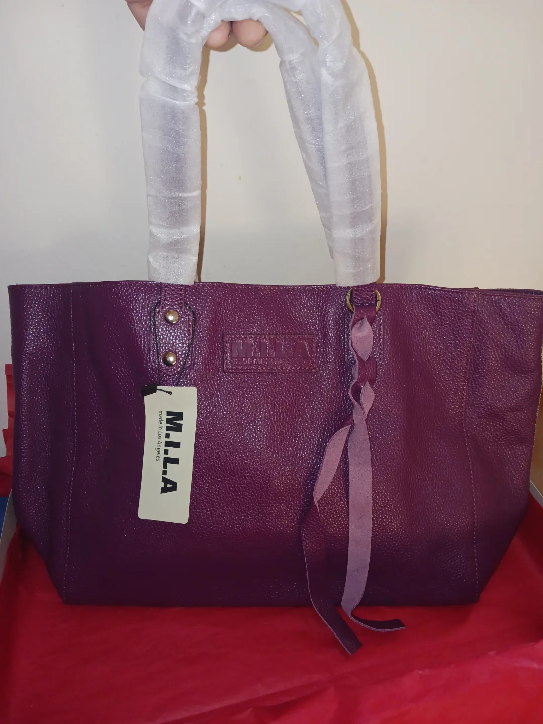 M.I.L.A Made in Los Angeles Plum Purple 100%Leather Tote Bag USA thumbnail