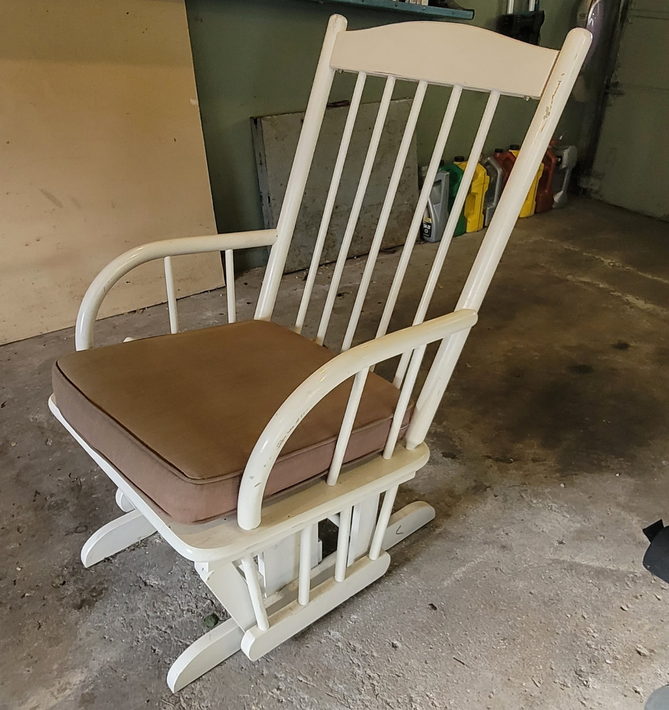 White Wooden Glider Rocker with Cushion