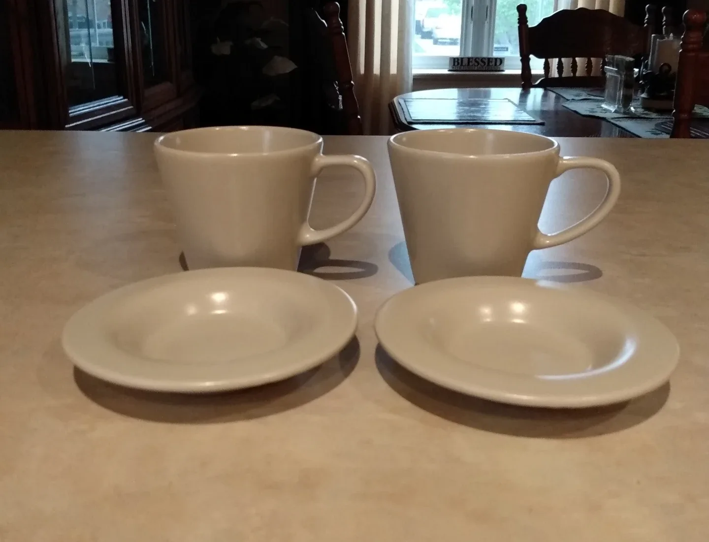 (NEW) Pair of Ceramic Beige Capacinno Cups and Saucers image indicator(2)