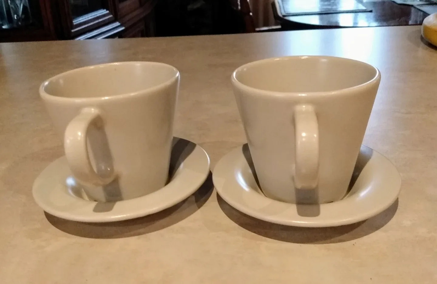 (NEW) Pair of Ceramic Beige Capacinno Cups and Saucers image indicator(3)