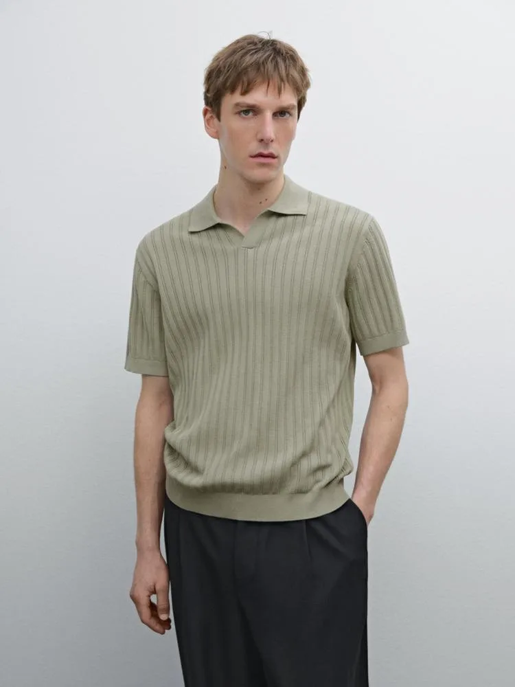 Men's Massimo Dutti Sage Green Knitted Johnny Polo Shirt thumbnail