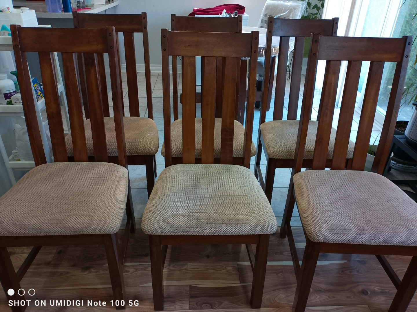 Set of Six Dining Chairs with Beige Cushions