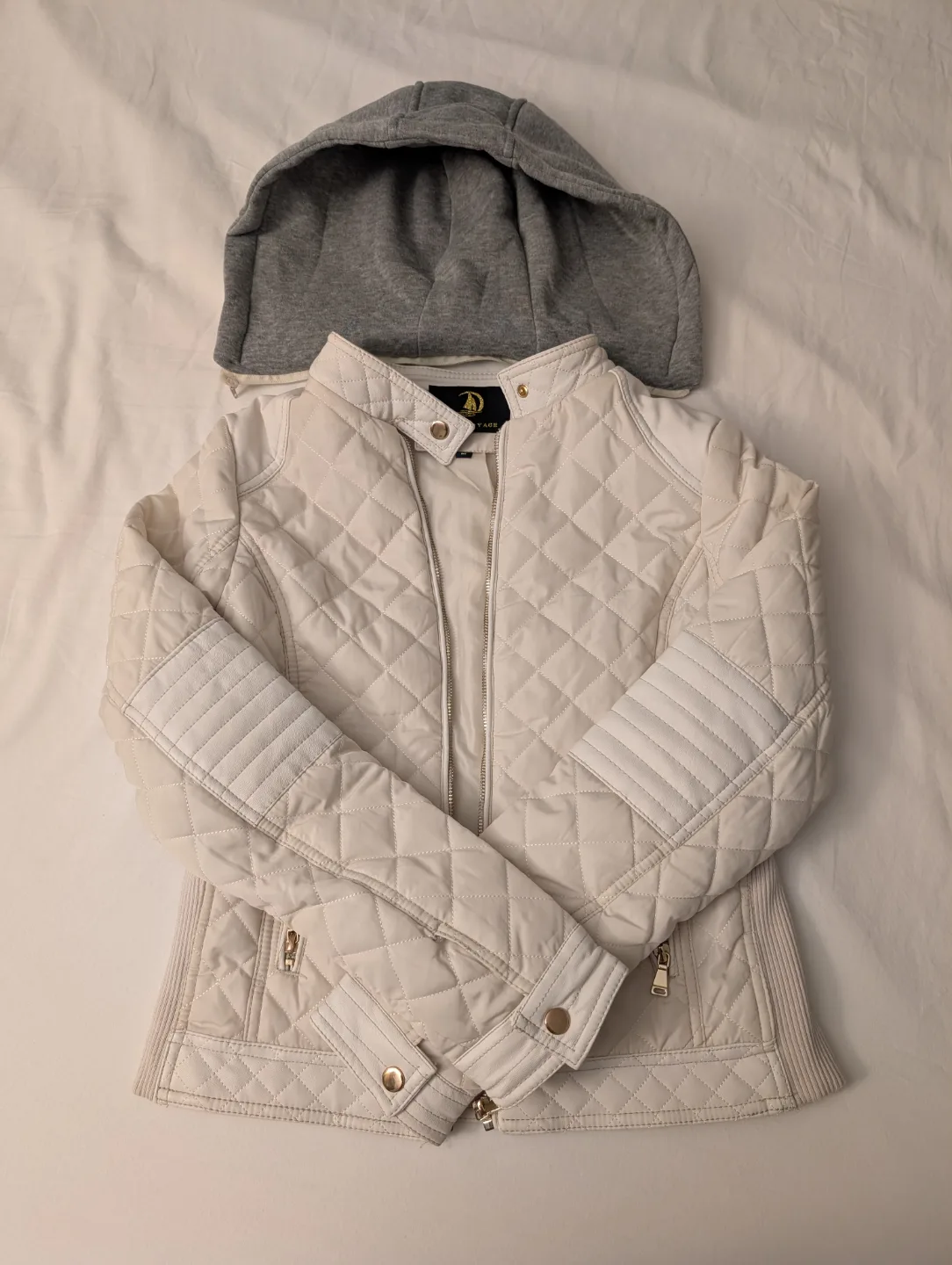 Women's White Quilted Jacket with Detachable Grey Hoodie thumbnail