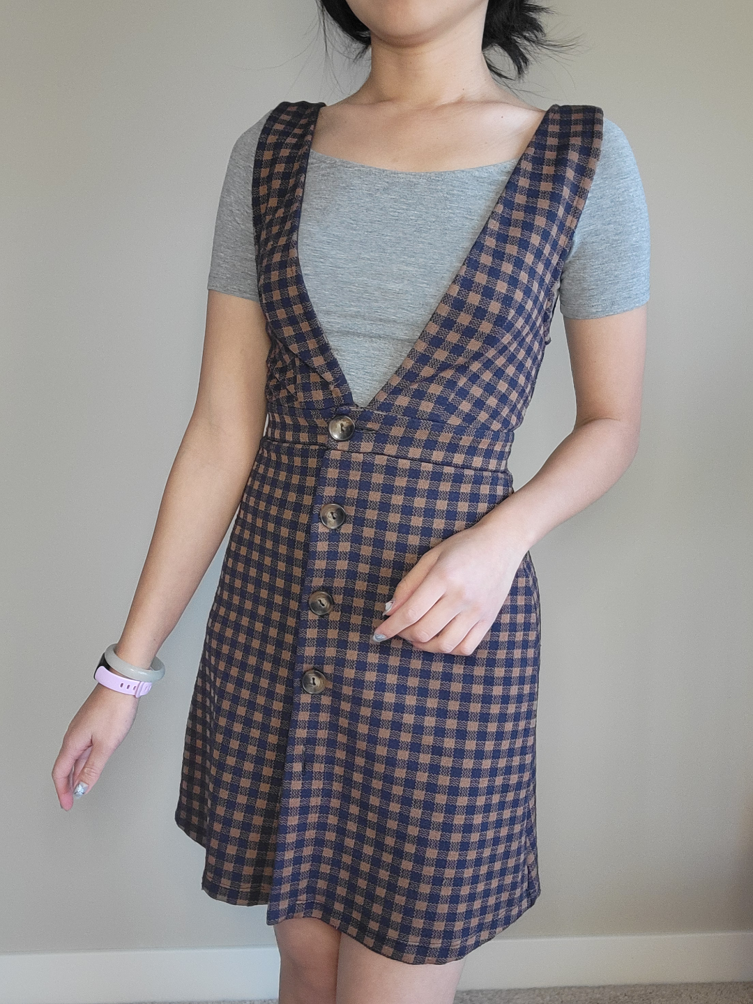 Top Shop Brown and Black Gingham Button-Down Jumper Dress - photo 2