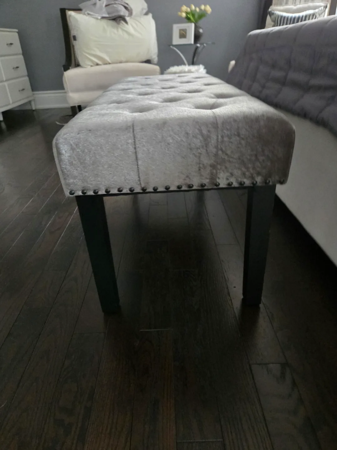 Grey Velvet Upholstered Bench image indicator(2)