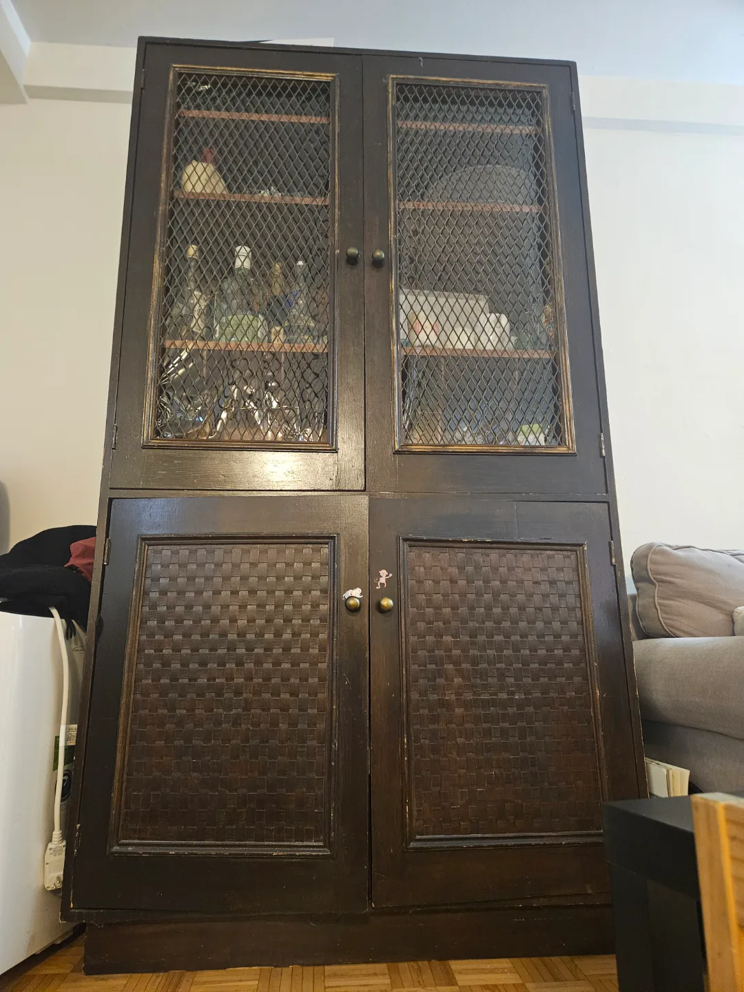 vintage  Wooden Cabinet with Wire Mesh Doors thumbnail