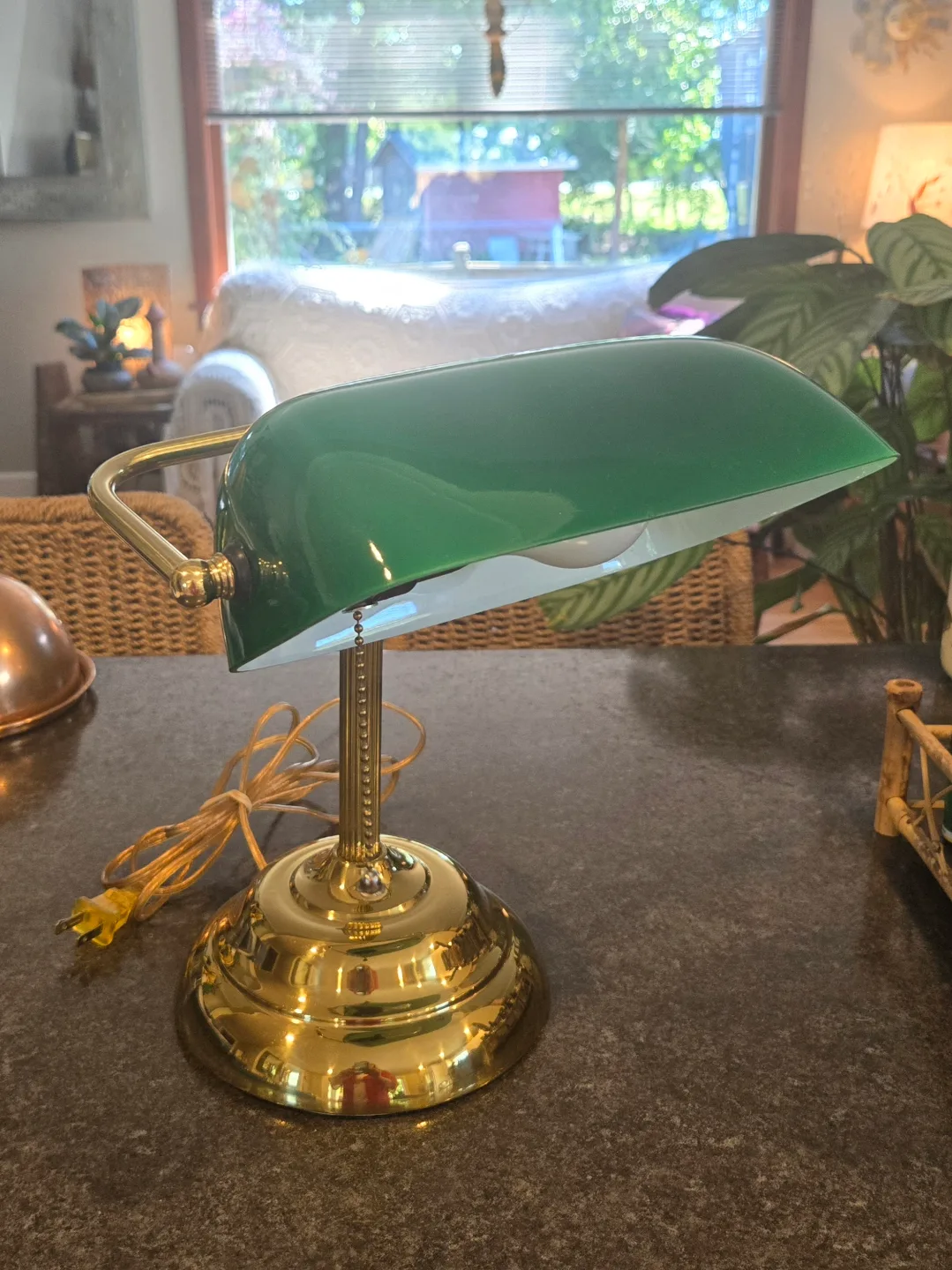 Vintage Green Glass & Brass Banker's Lamp thumbnail