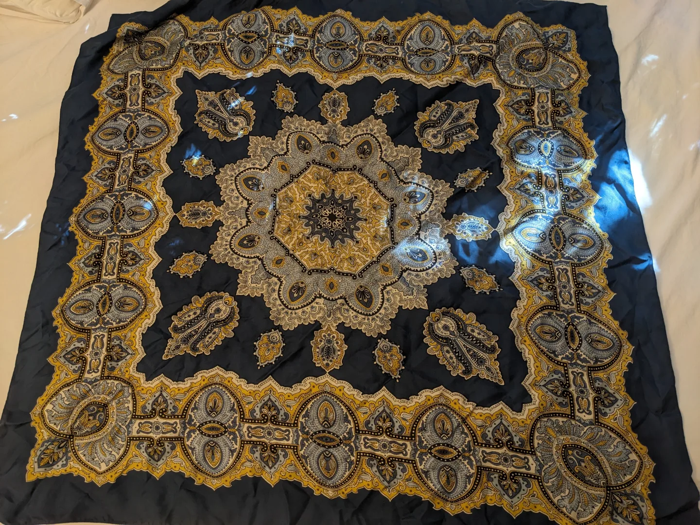 Vintage Silk Square Scarf - Blue, Gold, and Cream Paisley Design thumbnail