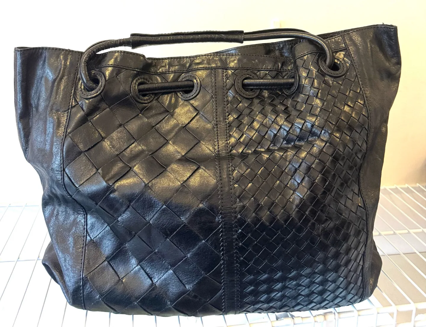 Black Leather Woven Tote Bag thumbnail