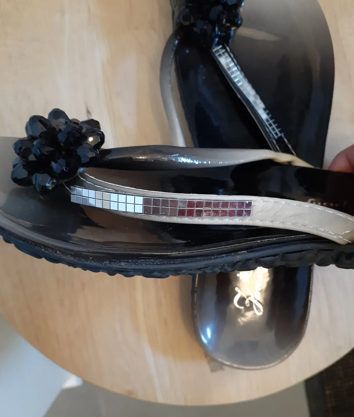 Stylish Black and Beige Embellished Flip-Flops image indicator(3)