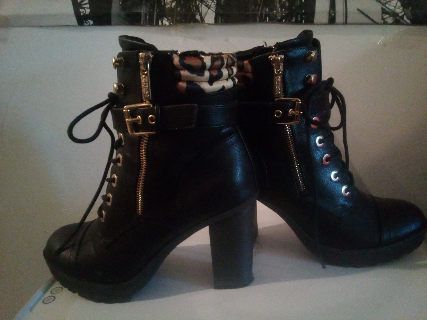 GUESS Black and Leopard Print Ankle Boots