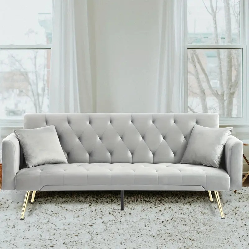 Grey Velvet Convertible Futon Sofa Bed