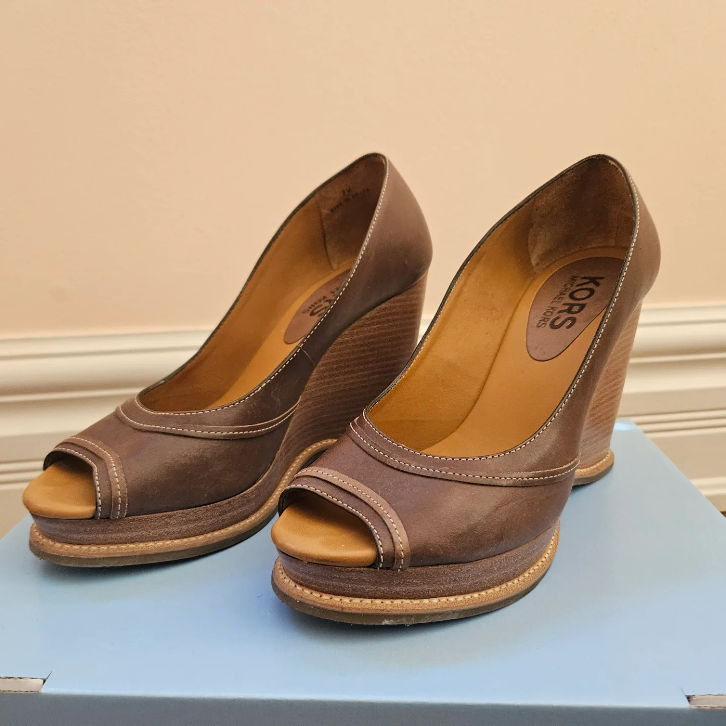 Brown Leather Peep-Toe Wedge Heels thumbnail