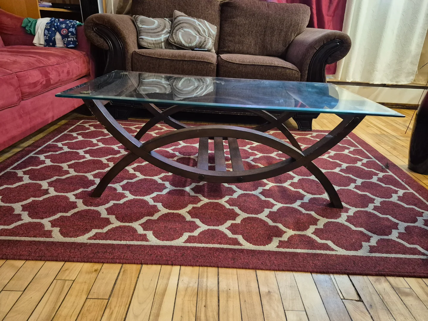 Glass-top Coffee Table with Unique Wooden Base thumbnail