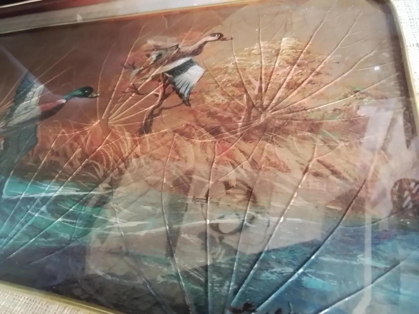 Vintage Framed Leaf Art Painting - Ducks in Flight image indicator(10)