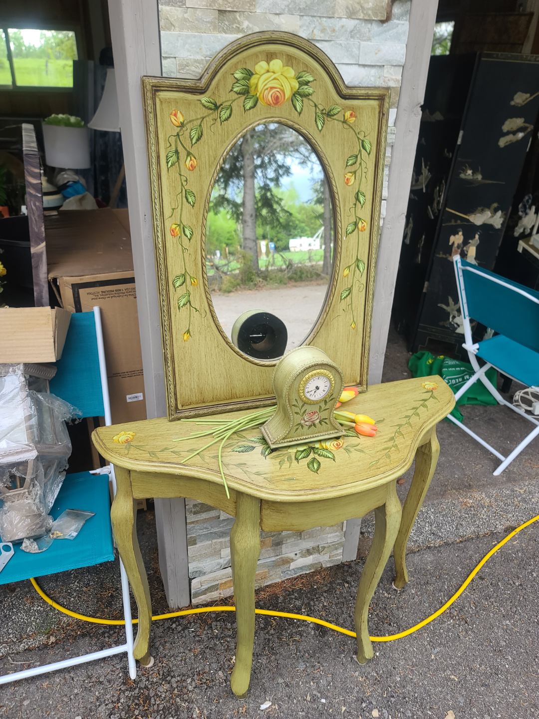 Vintage Painted Half-Moon Console Table with Mirror