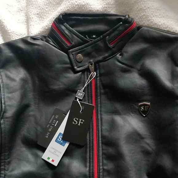 Men's Black Leather Jacket with Red Accents - photo 4