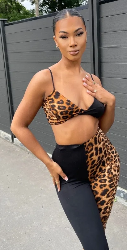 Two-toned Leopard Print Crop Top and Leggings Set thumbnail