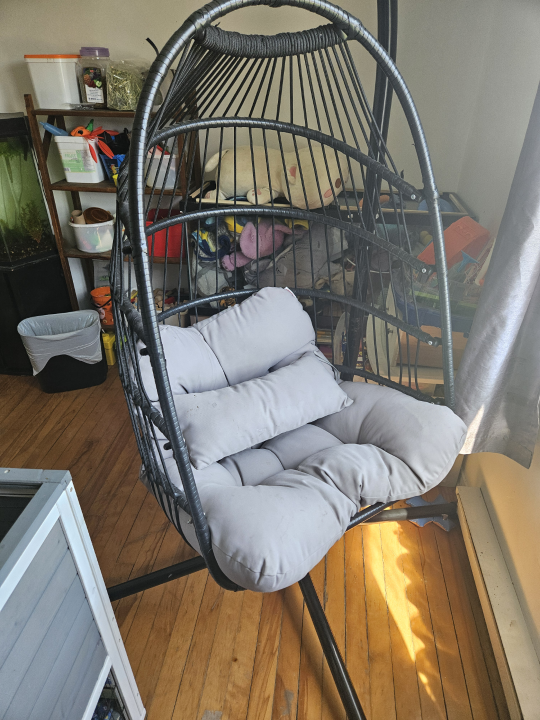 Black Rattan Hanging Egg Chair with Grey Cushion