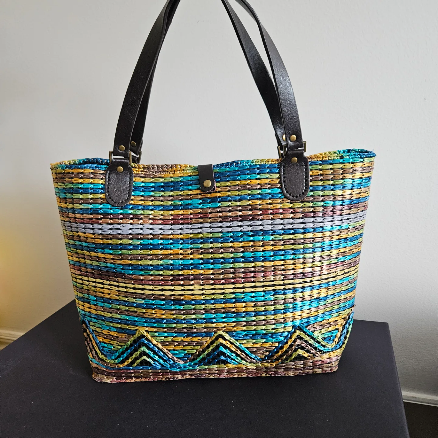 Hand Knitted Woven Tote Bag with Leather Handles thumbnail