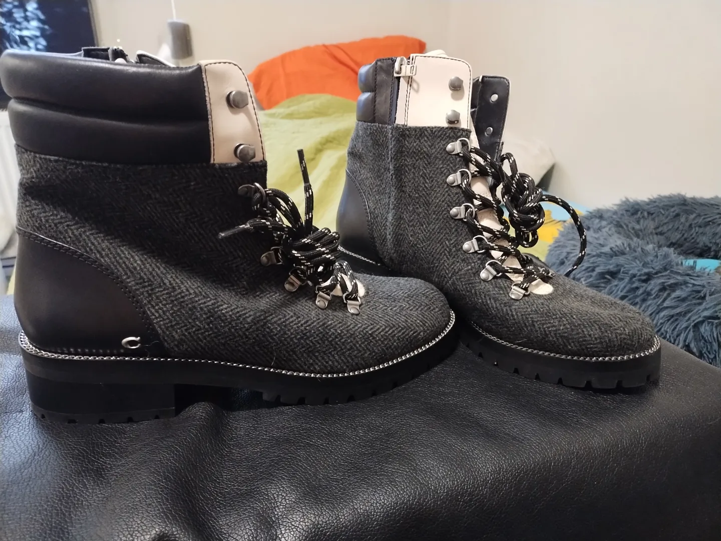 Coach LORREN Women's Grey and White Tweed Lace-Up Boots image indicator(4)