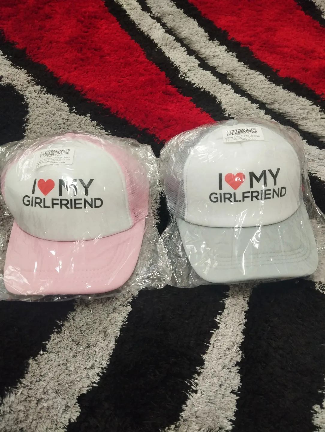 Pair of "I ♥ My Girlfriend" Trucker Hats - Pink & Grey thumbnail