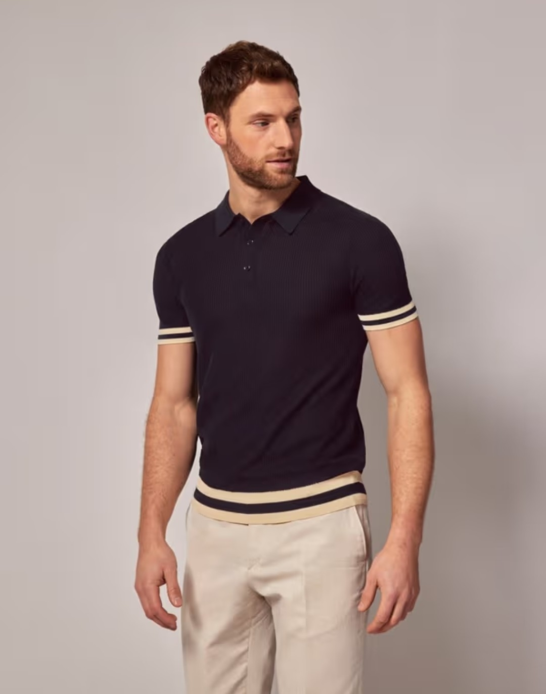 Hawes&Curtis Navy Tipped Textured Rib Knitted Cotton Polo Shirt