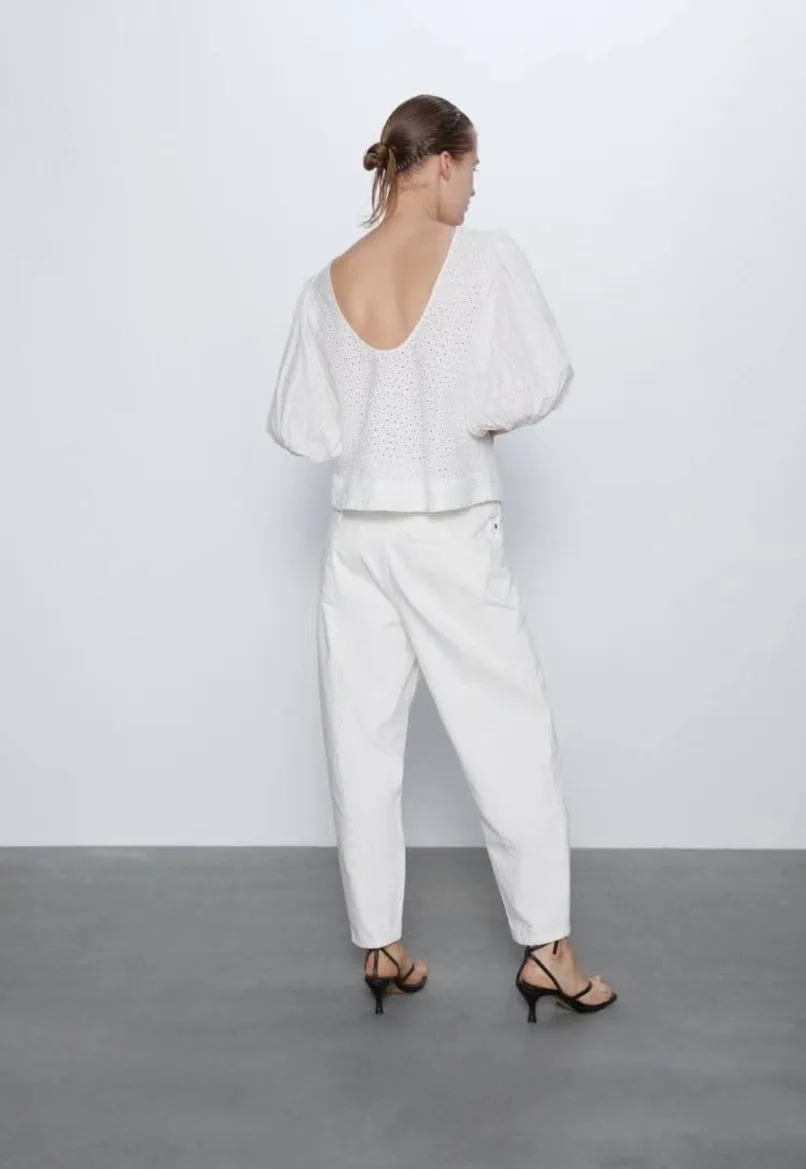 Zara White Eyelet Puff Sleeve Blouse image indicator(3)
