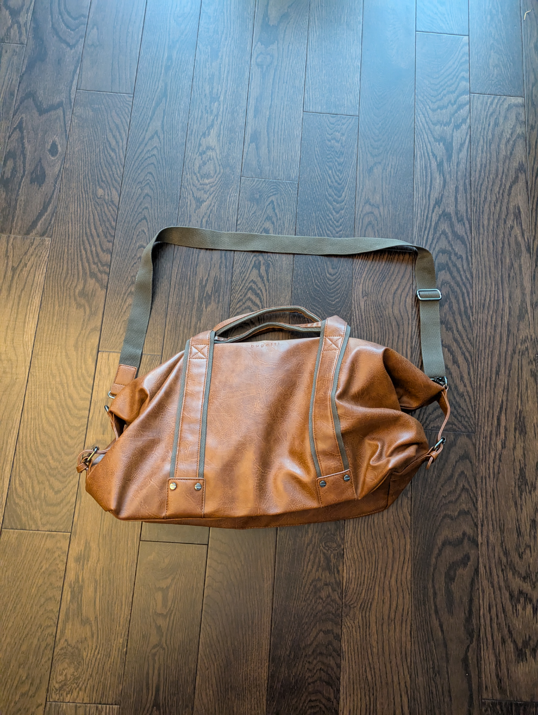 Brown leather Bugatti duffle bag