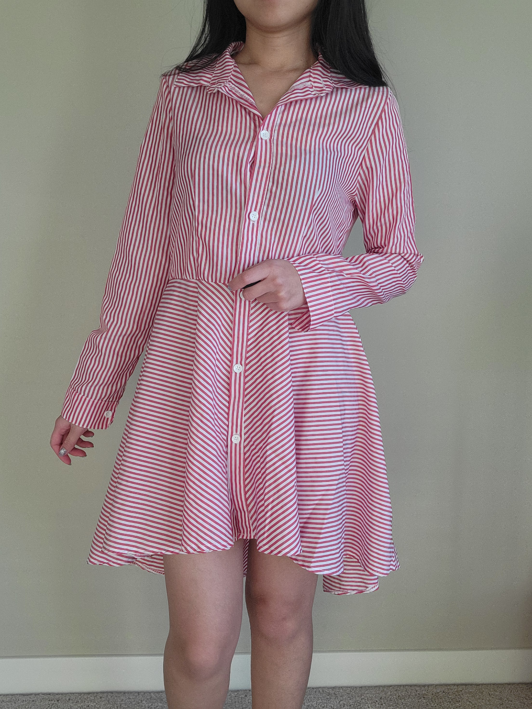 Red and White Striped High-Low Shirt Dress