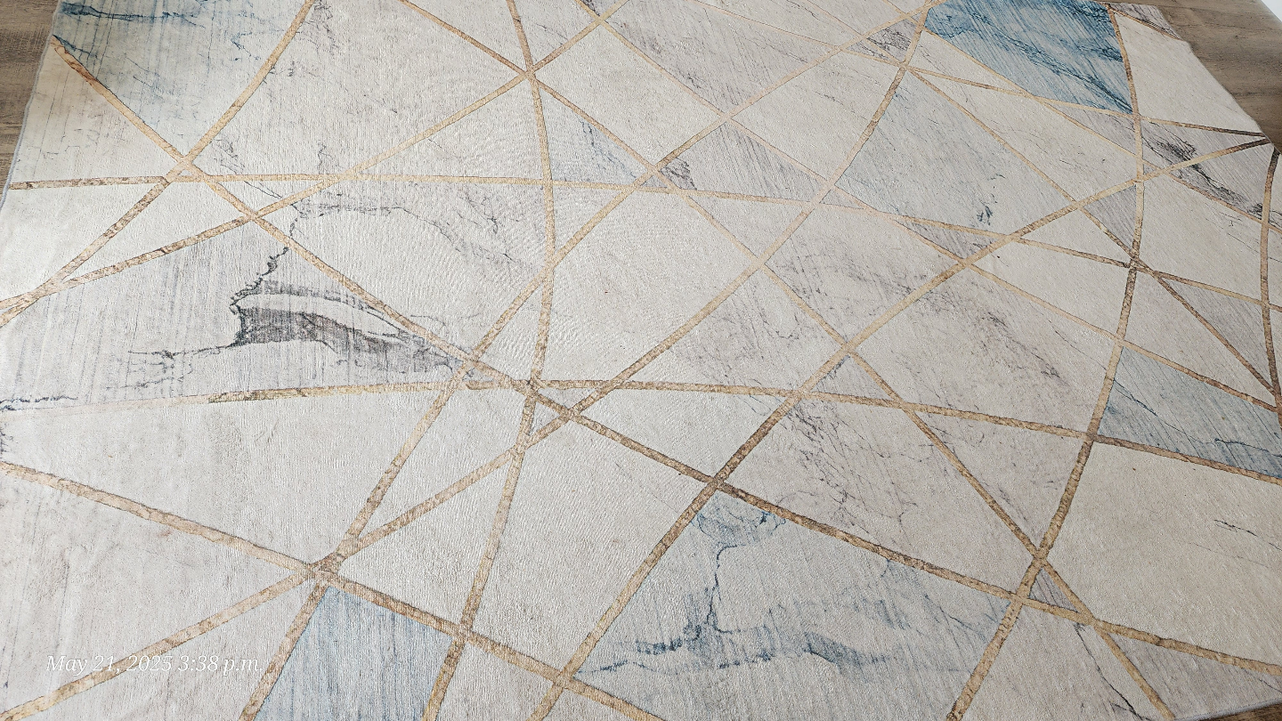 Large Abstract Area Rug, Beige, Blue, Gold Geometric Design - photo 2