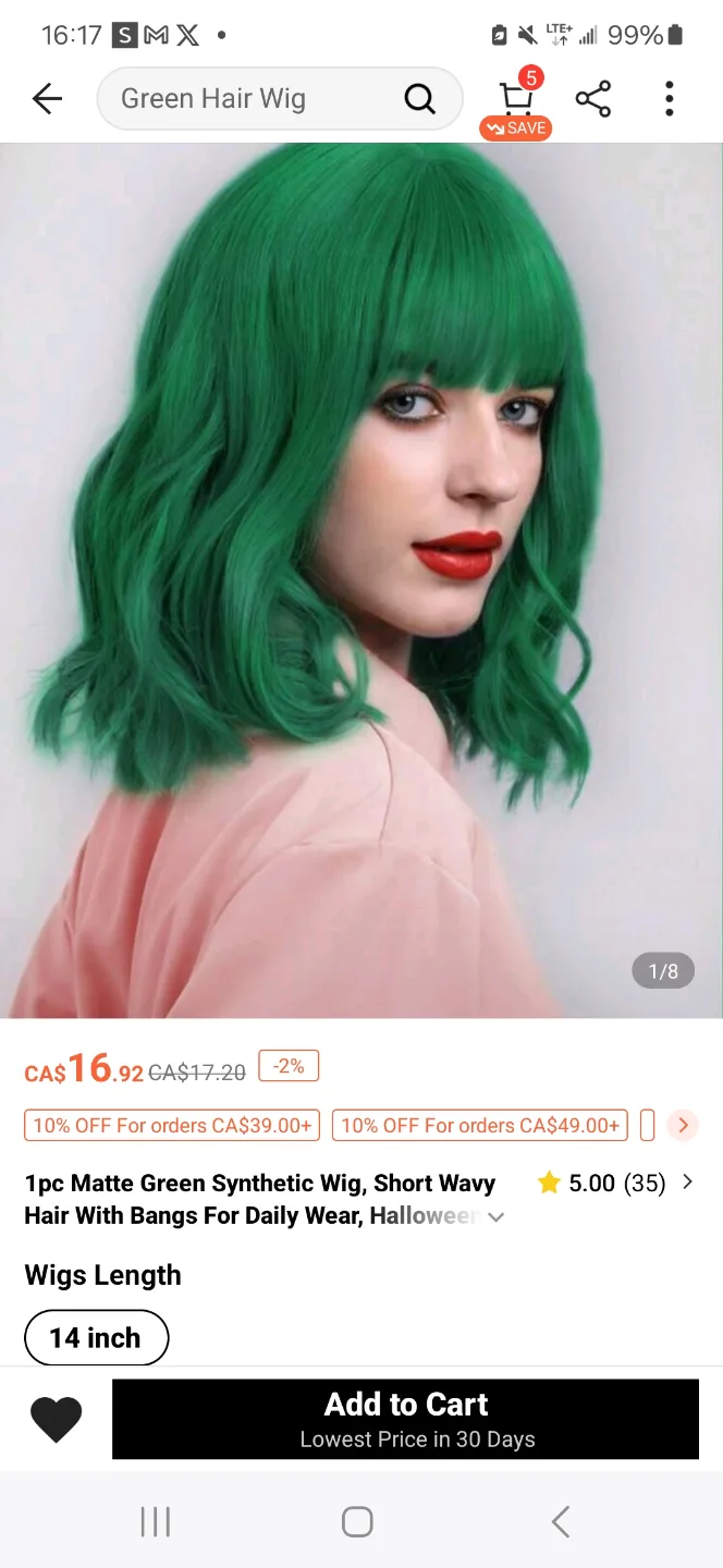 Short Green Wavy Wig with Bangs thumbnail