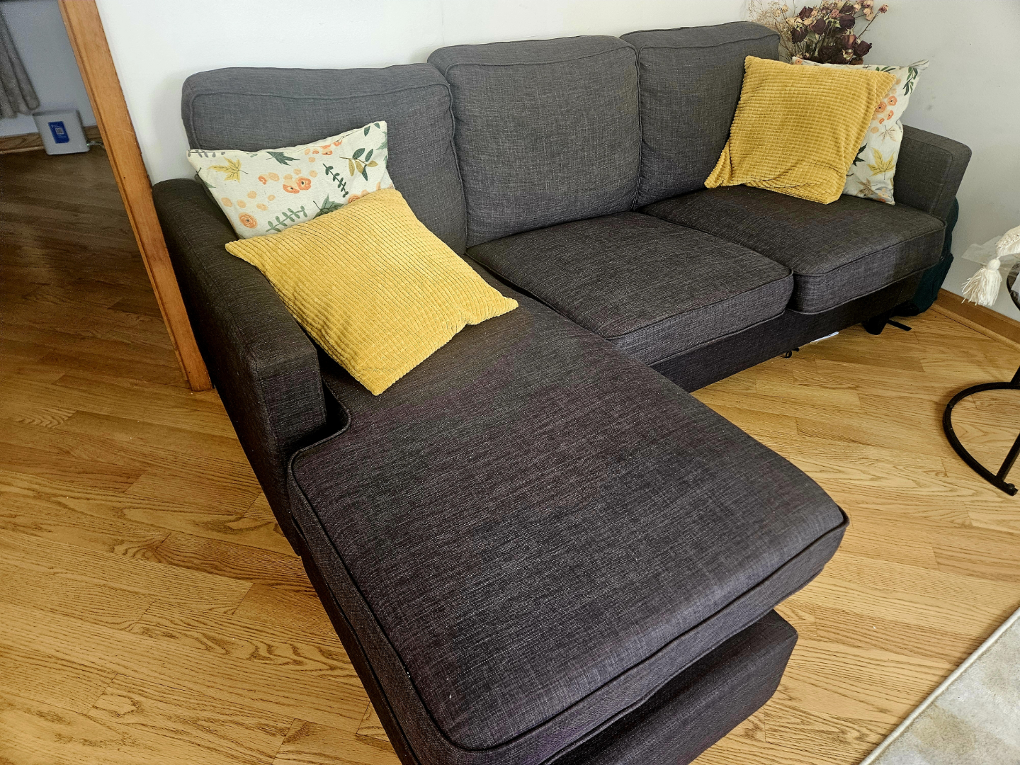 Dark Gray Sectional Sofa with Pillows