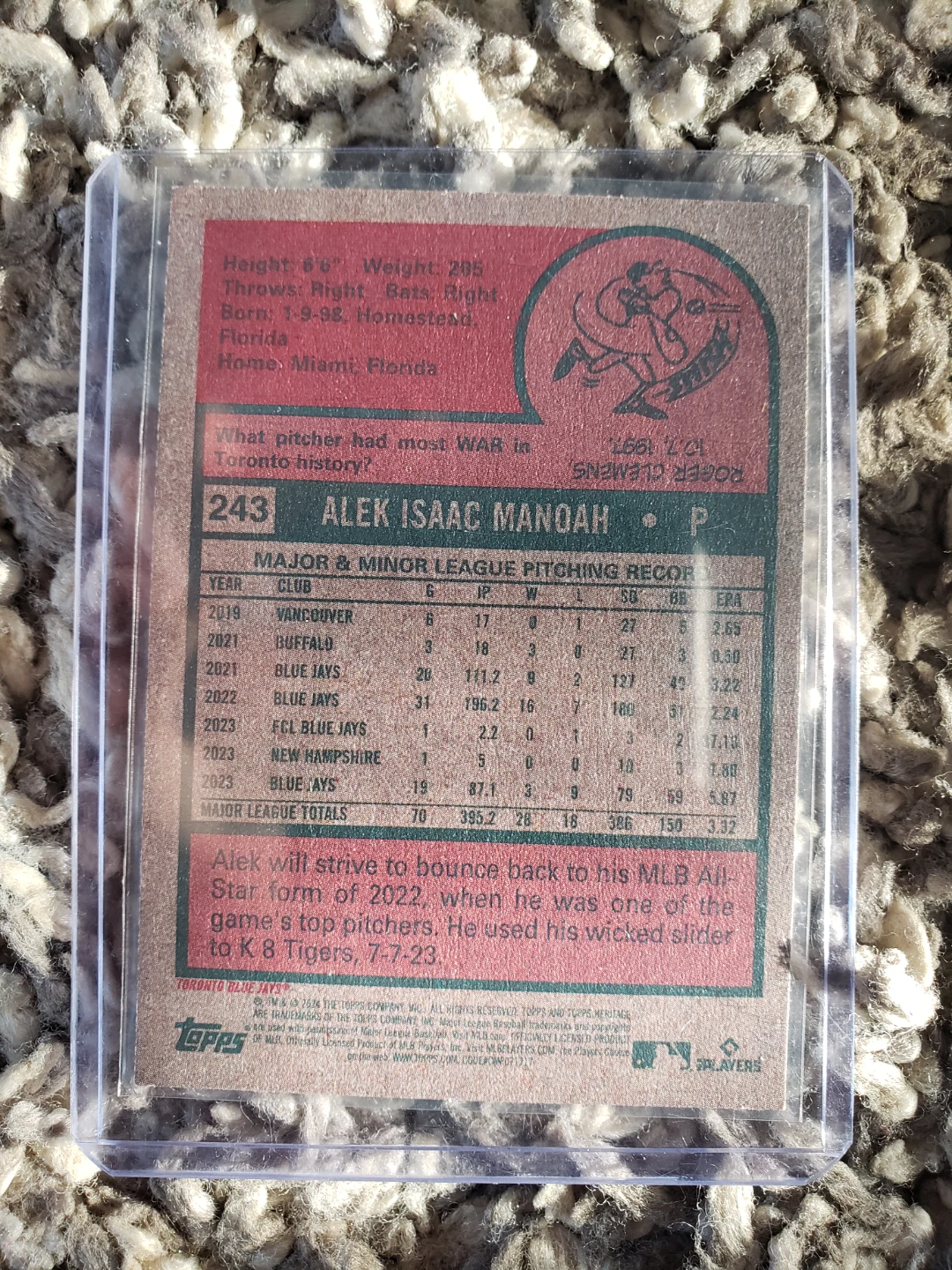 Autographed Alek Manoah Toronto Blue Jays Baseball Card 🏒 - photo 2
