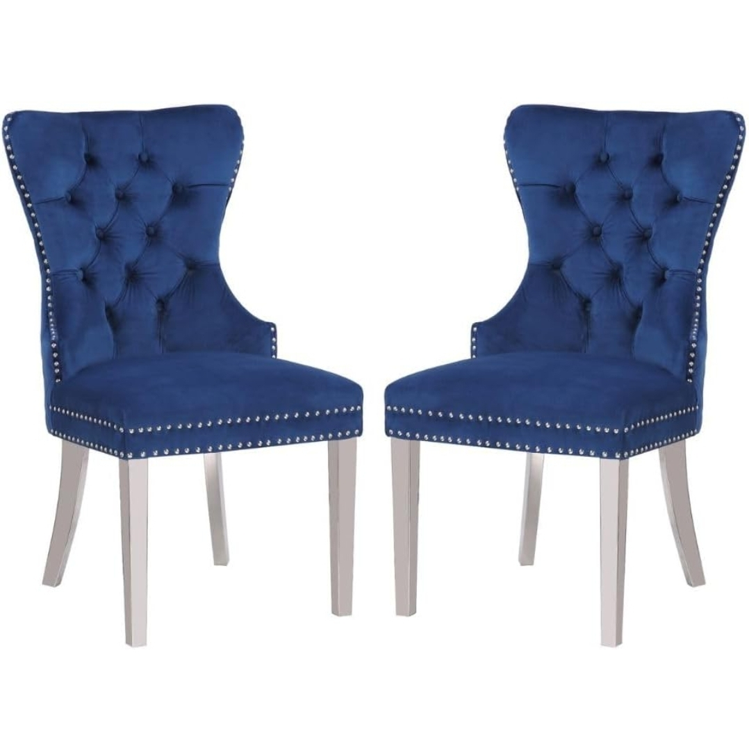 Set of 2 Elegant Blue Velvet Dining Chairs