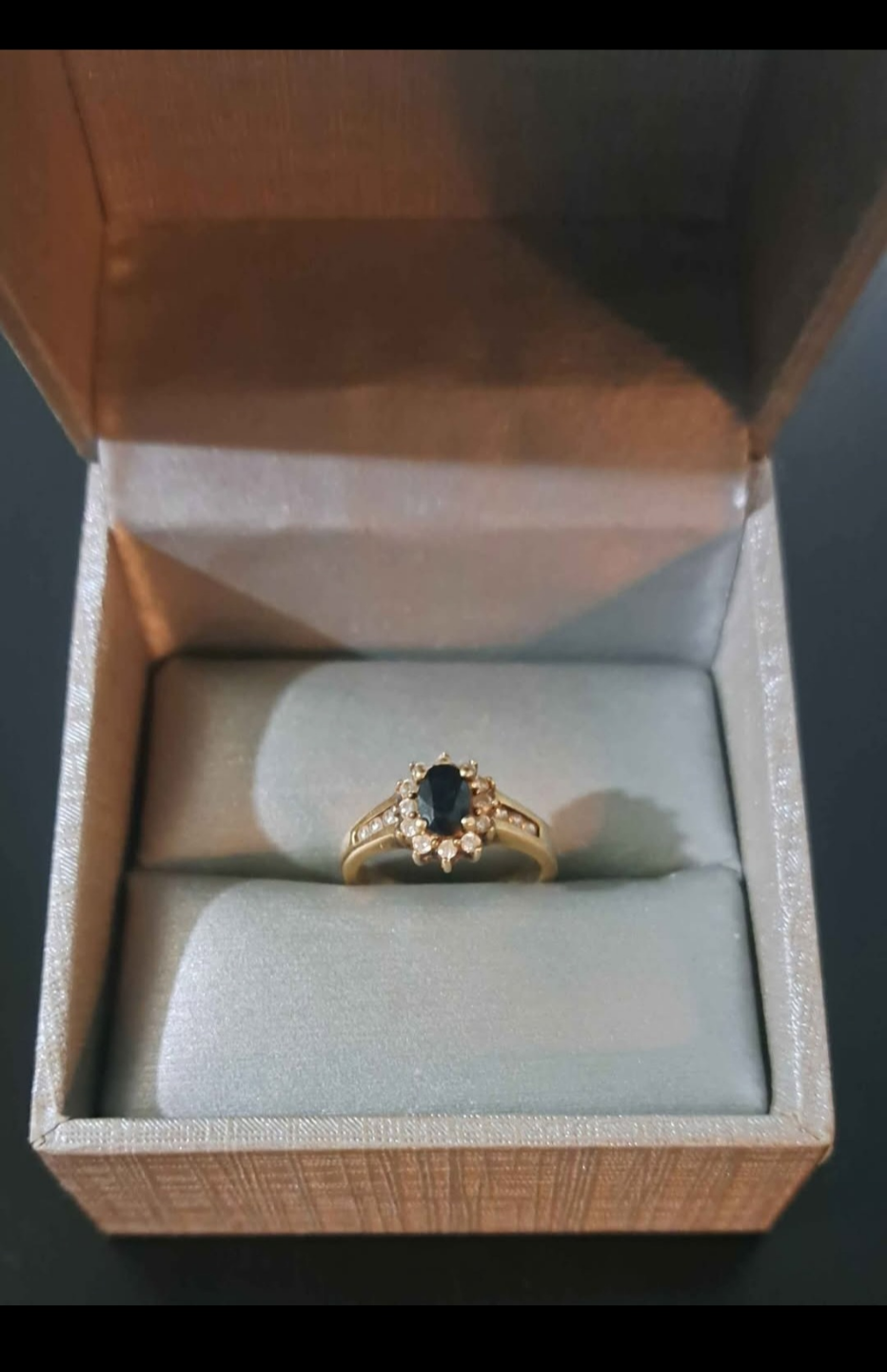 10K Yellow Gold - Diamond Blue Sapphire Ladies Double Halo Ring