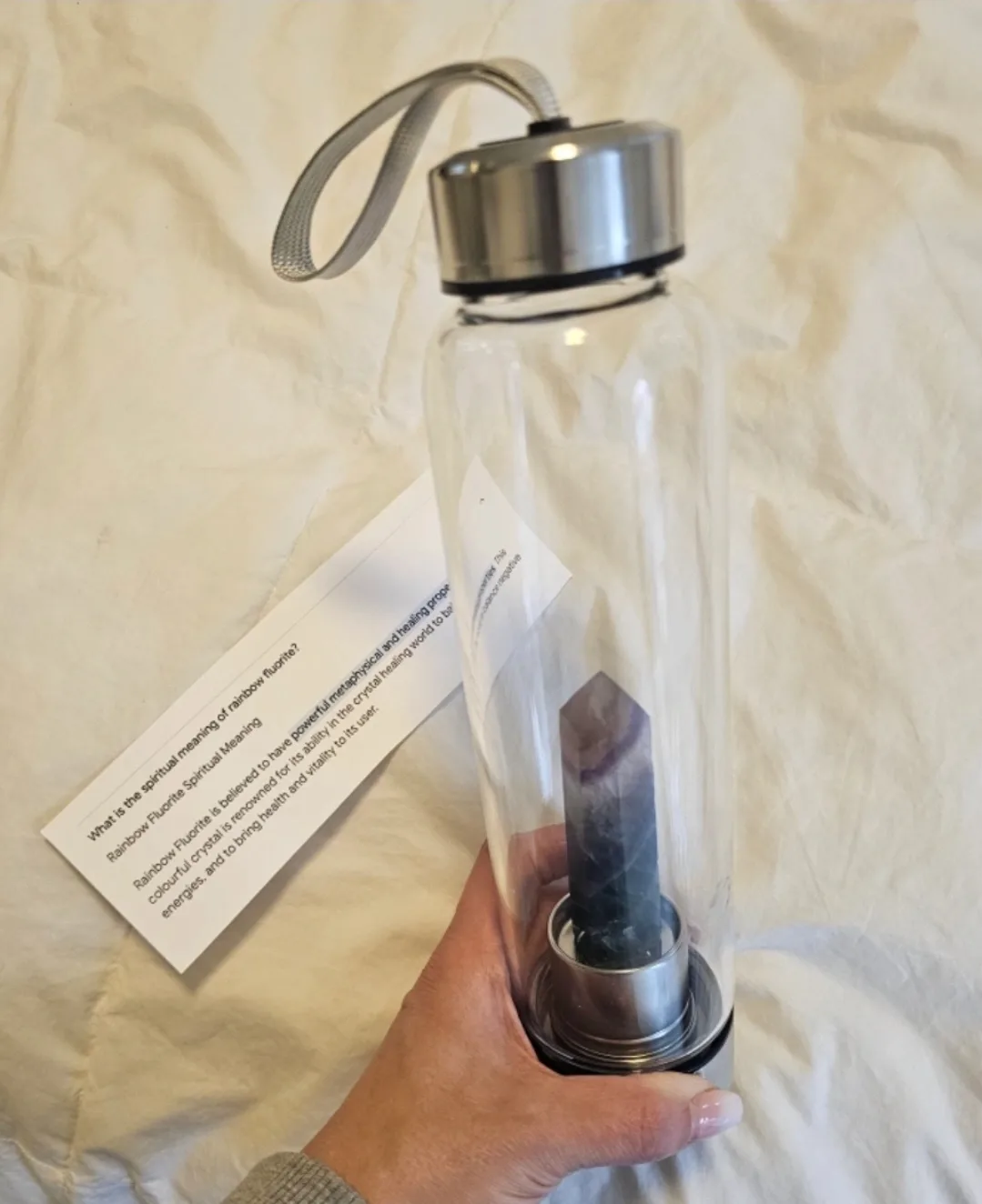NEW GIFTABLE Crystal Infused Glass Water Bottle Rainbow Fluorite thumbnail